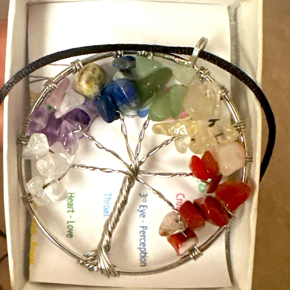 Tree of Life 7 Chakra Natural Stone Necklace on Black Rope